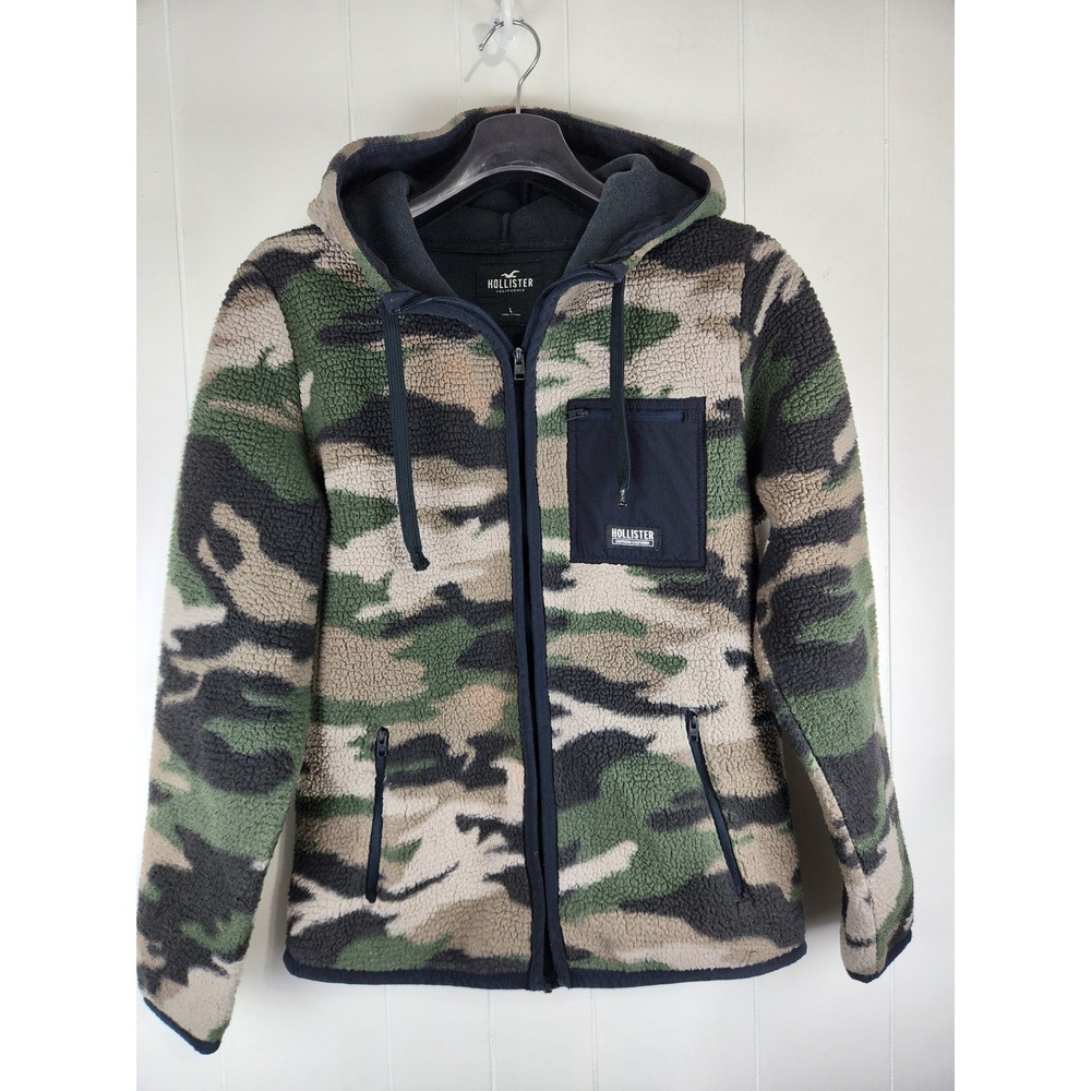 Hollister Mens Camo Sherpa Fleece Full Zip Hoodie Jacket Green Tan Large